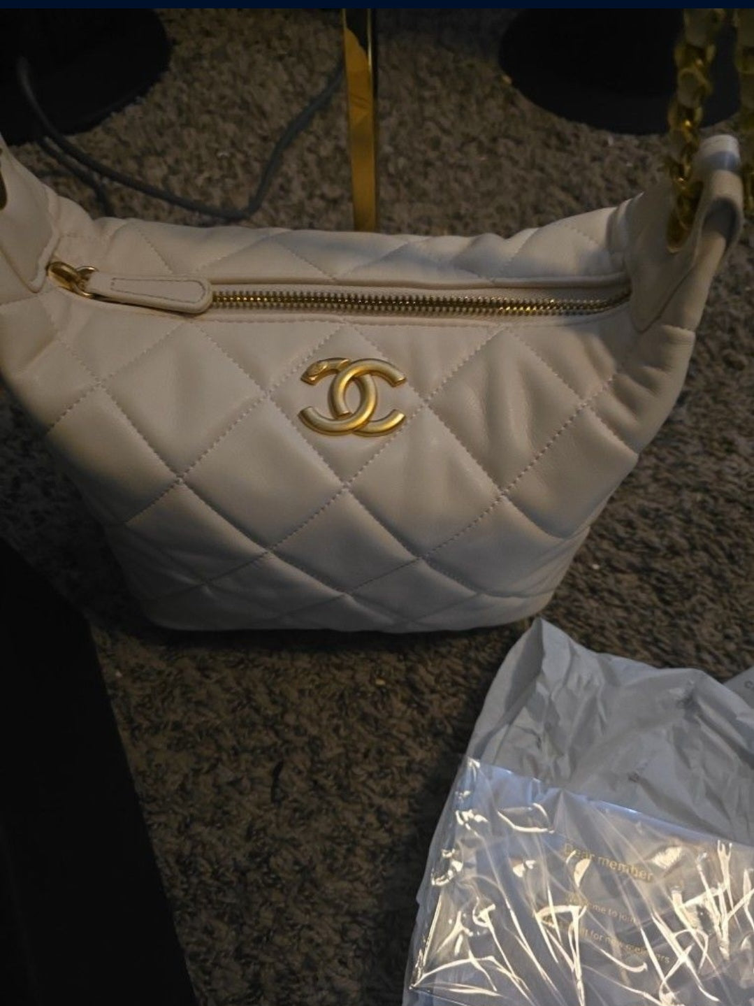 Chanel Makeup GWP Gold & White Quilted W/ CC Rhinestone Chain Shoulder/Crossbody Large Bag