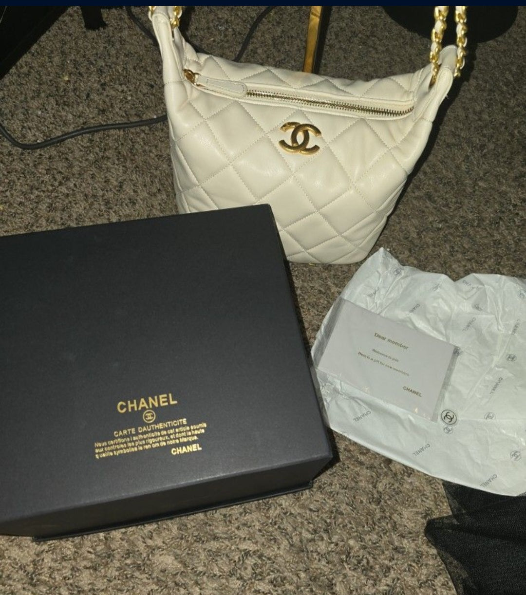 Chanel Makeup GWP Gold & White Quilted W/ CC Rhinestone Chain Shoulder/Crossbody Large Bag