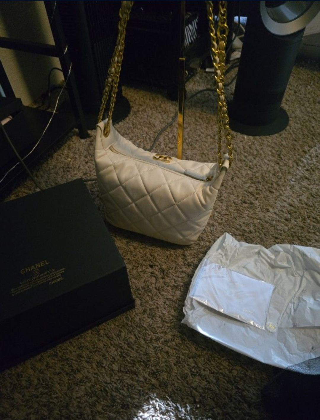 Chanel Makeup GWP Gold & White Quilted W/ CC Rhinestone Chain Shoulder/Crossbody Large Bag