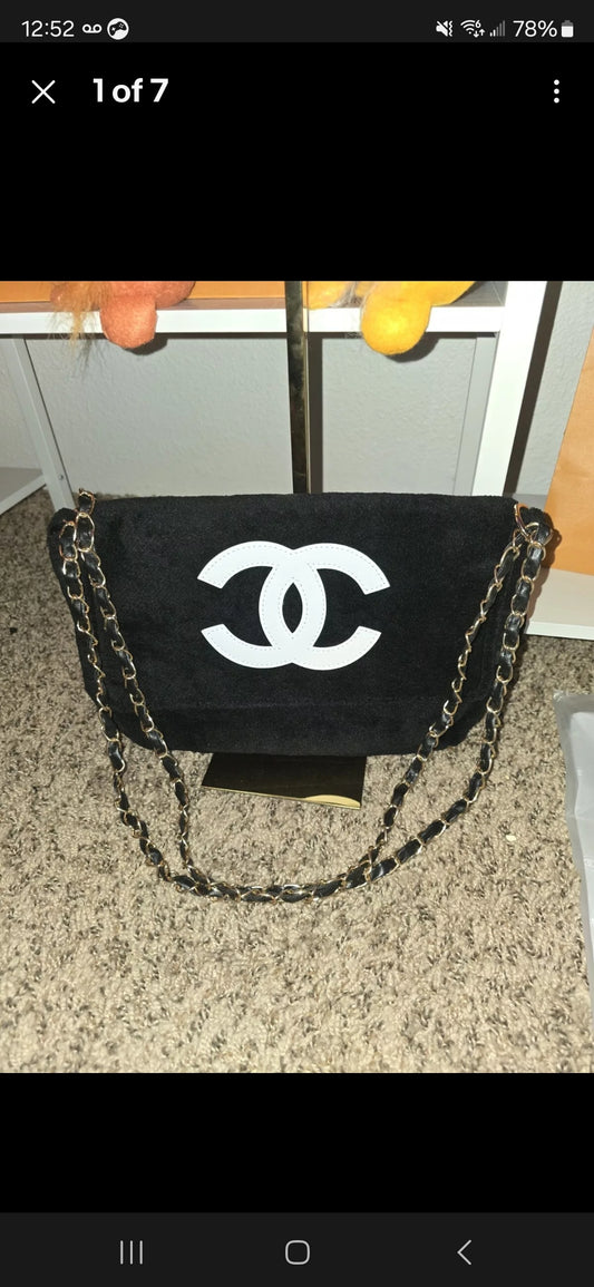 Chanel Prescion Black With White CC & Chain Terry Cloth Chain 2 Way bag (NWT)