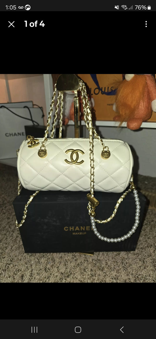 Chanel Makeup CC Gold , White & Gold 2 Way Barrel Bag W/ chain & pearl Strap (BNIB)