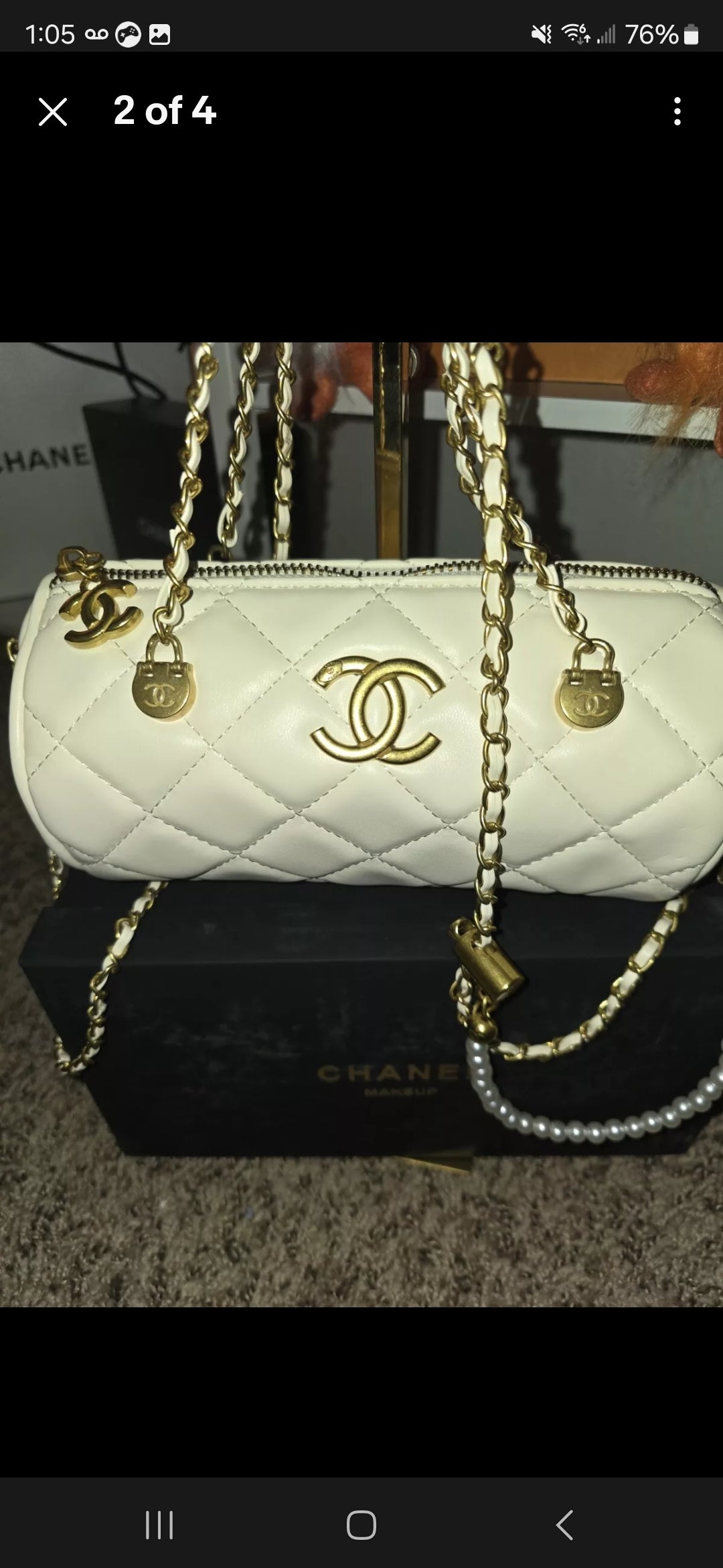 Chanel Makeup CC Gold , White & Gold 2 Way Barrel Bag W/ chain & pearl Strap (BNIB)