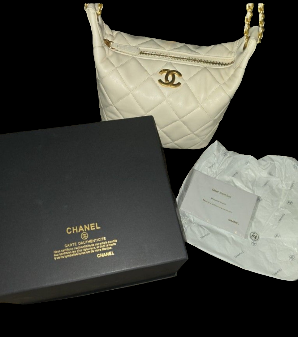 Chanel Makeup GWP Gold & White Quilted W/ CC Rhinestone Chain Shoulder/Crossbody Large Bag